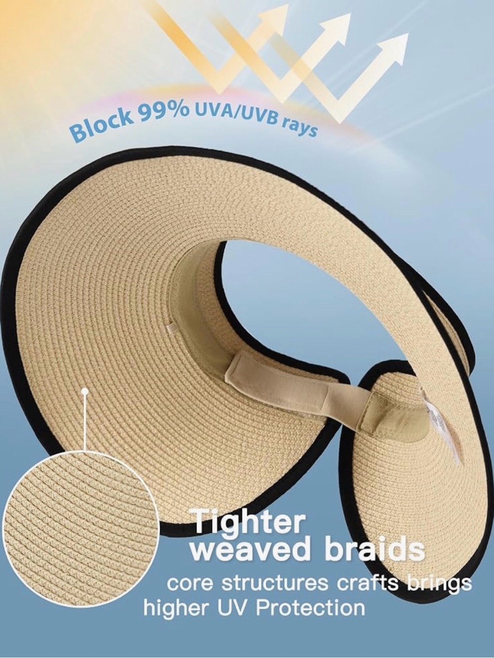 Wide Brim Straw Sun Visor Hat in Beige with Black Trim